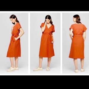 Universal Thread dress - rust colored wrap style, midi length
